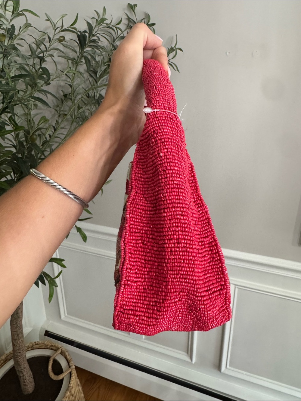 Beaded Red & White Picnic Checkered Handbag - Picture 3 of 5